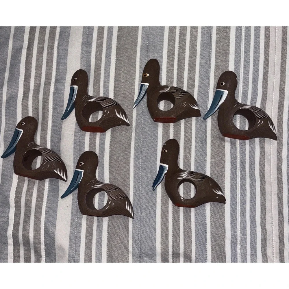 6 Pelican Napkin Ring Holders Wood Hand Carved Beach Bird Coastal Nautical